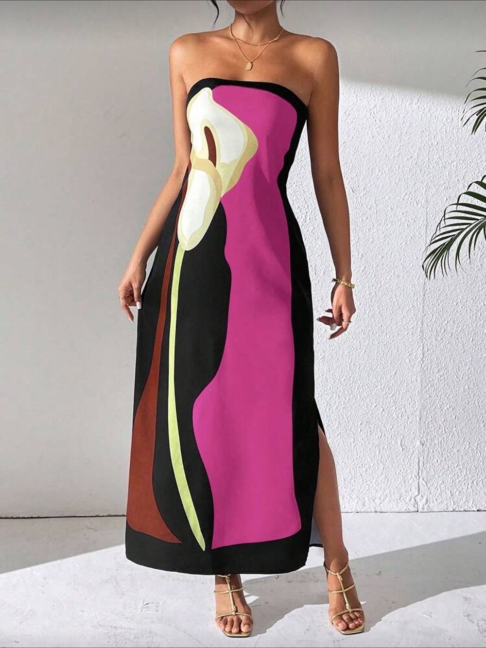 Strapless Pink Floral-Print Maxi Dress